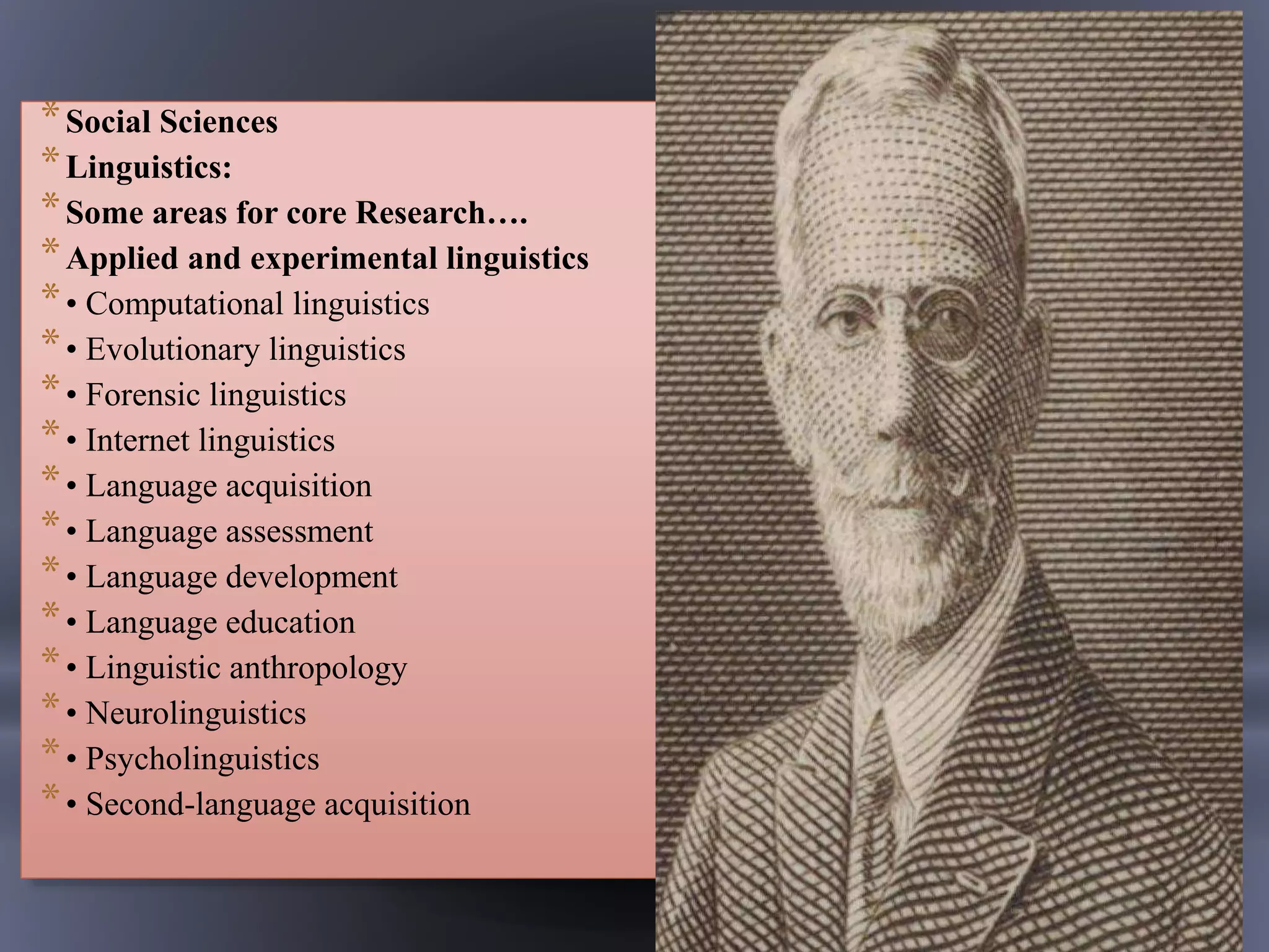 *Social Sciences
*Linguistics:
*Some areas for core Research….
*Applied and experimental linguistics
*• Computational linguistics
*• Evolutionary linguistics
*• Forensic linguistics
*• Internet linguistics
*• Language acquisition
*• Language assessment
*• Language development
*• Language education
*• Linguistic anthropology
*• Neurolinguistics
*• Psycholinguistics
*• Second-language acquisition
 
