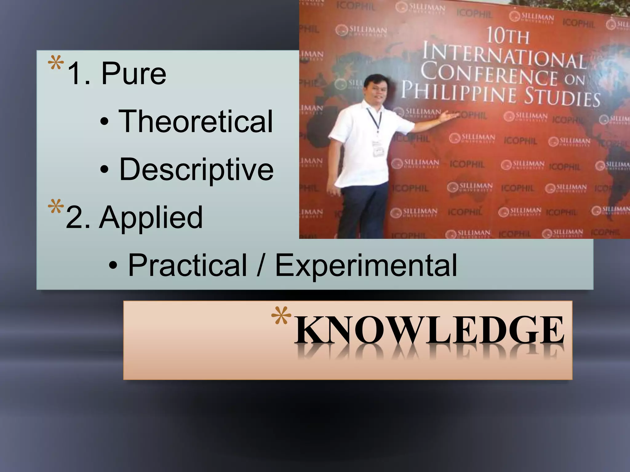 *KNOWLEDGE
*1. Pure
• Theoretical
• Descriptive
*2. Applied
• Practical / Experimental
 