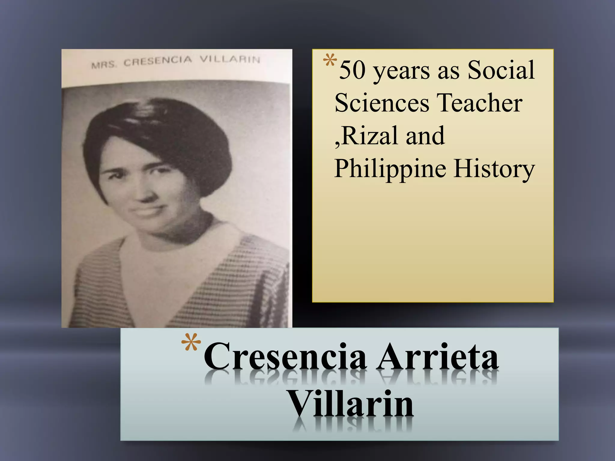*Cresencia Arrieta
Villarin
*50 years as Social
Sciences Teacher
,Rizal and
Philippine History
 