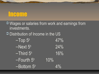 Income
Wages or salaries from work and earnings from
investments.
Distribution of Income in the US
–Top 5th
47%
–Next 5th
24%
–Third 5th
16%
–Fourth 5th
10%
–Bottom 5th
4%