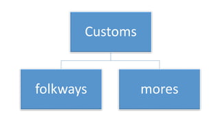 Customs
folkways mores
 