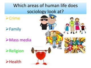 Which areas of human life does
sociology look at?
Crime
Family
Mass media
Religion
Health
 