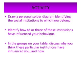 • Draw a personal spider diagram identifying
the social institutions to which you belong.
• Identify how to or three of these institutions
have influenced your behaviour.
• In the groups on your table, discuss why you
think these particular institutions have
influenced you, and how.
ACTIVITY
 