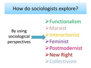 How do sociologists explore?
By using
sociological
perspectives
Functionalism
Marxist
Interactionist
Feminist
Postmodernist
New Right
Collectivism
 