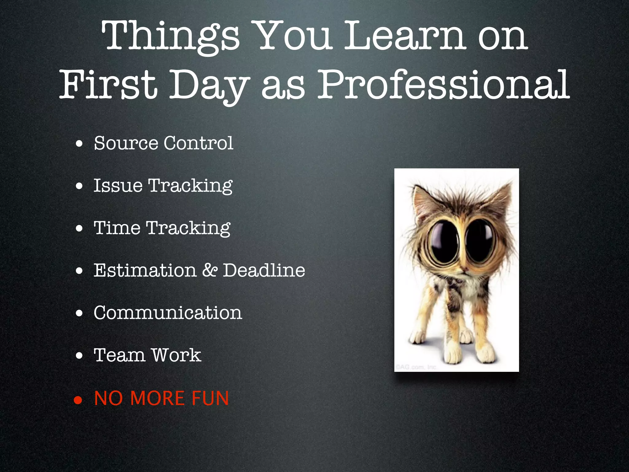 Things You Learn on
First Day as Professional
• Source Control
• Issue Tracking
• Time Tracking
• Estimation & Deadline
• Communication
• Team Work
• NO MORE FUN
 