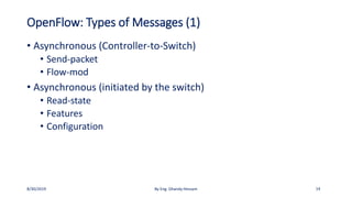 OpenFlow: Types of Messages (1)
• Asynchronous (Controller-to-Switch)
• Send-packet
• Flow-mod
• Asynchronous (initiated by the switch)
• Read-state
• Features
• Configuration
8/30/2019 By Eng. Ghandy Hessam 14
 