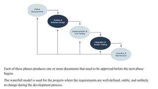 Each of these phases produces one or more documents that need to be approved before the next phase
begins.
The waterfall model is used for the projects where the requirements are well-defined, stable, and unlikely
to change during the development process.
 