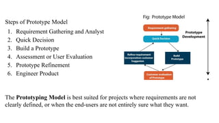 Steps of Prototype Model
1. Requirement Gathering and Analyst
2. Quick Decision
3. Build a Prototype
4. Assessment or User Evaluation
5. Prototype Refinement
6. Engineer Product
The Prototyping Model is best suited for projects where requirements are not
clearly defined, or when the end-users are not entirely sure what they want.
 