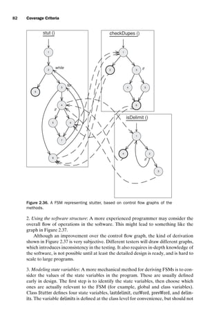 introtest CUUS047-Ammann ISBN 9780521880381 November 8, 2007 17:13 Char Count= 0
82 Coverage Criteria
1
stut ()
2
9
8
7
6
5
4
3
while
if
for
checkDupes ()
1
2
6
5
4
3 if
isDelimit ()
1
4
3
2
if
Figure 2.36. A FSM representing stutter, based on control flow graphs of the
methods.
2. Using the software structure: A more experienced programmer may consider the
overall flow of operations in the software. This might lead to something like the
graph in Figure 2.37.
Although an improvement over the control flow graph, the kind of derivation
shown in Figure 2.37 is very subjective. Different testers will draw different graphs,
which introduces inconsistency in the testing. It also requires in-depth knowledge of
the software, is not possible until at least the detailed design is ready, and is hard to
scale to large programs.
3. Modeling state variables: A more mechanical method for deriving FSMs is to con-
sider the values of the state variables in the program. These are usually defined
early in design. The first step is to identify the state variables, then choose which
ones are actually relevant to the FSM (for example, global and class variables).
Class Stutter defines four state variables, lastdelimit, curWord, prevWord, and delim-
its. The variable delimits is defined at the class level for convenience, but should not
 