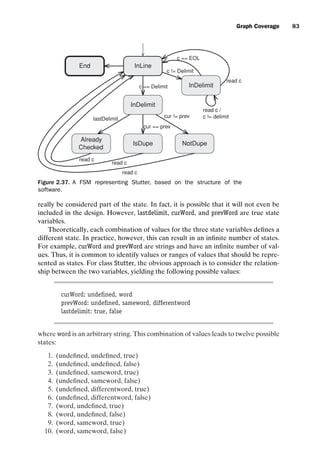 introtest CUUS047-Ammann ISBN 9780521880381 November 8, 2007 17:13 Char Count= 0
Graph Coverage 83
InLine
End
InDelimit
NotDupe
Already
Checked
IsDupe
InDelimit
read c
c == Delimit
read c
read c /
c != delimit
c == EOL
c != Delimit
cur != prev
cur == prev
lastDelimit
read c
read c
Figure 2.37. A FSM representing Stutter, based on the structure of the
software.
really be considered part of the state. In fact, it is possible that it will not even be
included in the design. However, lastdelimit, curWord, and prevWord are true state
variables.
Theoretically, each combination of values for the three state variables defines a
different state. In practice, however, this can result in an infinite number of states.
For example, curWord and prevWord are strings and have an infinite number of val-
ues. Thus, it is common to identify values or ranges of values that should be repre-
sented as states. For class Stutter, the obvious approach is to consider the relation-
ship between the two variables, yielding the following possible values:
curWord: undefined, word
prevWord: undefined, sameword, differentword
lastdelimit: true, false
where word is an arbitrary string. This combination of values leads to twelve possible
states:
1. (undefined, undefined, true)
2. (undefined, undefined, false)
3. (undefined, sameword, true)
4. (undefined, sameword, false)
5. (undefined, differentword, true)
6. (undefined, differentword, false)
7. (word, undefined, true)
8. (word, undefined, false)
9. (word, sameword, true)
10. (word, sameword, false)
 