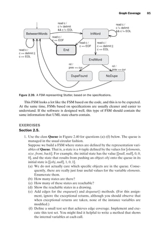 introtest CUUS047-Ammann ISBN 9780521880381 November 8, 2007 17:13 Char Count= 0
Graph Coverage 85
End
read c /
c != delimit
 c != EOL
BetweenWords InWord
EndWord
DupeFound NoDupe
read c /
c == delimit ||
c == EOL
read c /
c == delimit ||
c == EOL
read c /
c == EOF
read c /
c == EOF
nil /
prev == cur
nil /
prev == cur
read c /
c != delimit
 c != EOL
Figure 2.39. A FSM representing Stutter, based on the specifications.
This FSM looks a lot like the FSM based on the code, and this is to be expected.
At the same time, FSMs based on specifications are usually cleaner and easier to
understand. If the software is designed well, this type of FSM should contain the
same information that UML state charts contain.
EXERCISES
Section 2.5.
1. Use the class Queue in Figure 2.40 for questions (a)–(f) below. The queue is
managed in the usual circular fashion.
Suppose we build a FSM where states are defined by the representation vari-
ables of Queue. That is, a state is a 4-tuple defined by the values for [elements,
size, front, back]. For example, the initial state has the value [[null, null], 0, 0,
0], and the state that results from pushing an object obj onto the queue in its
initial state is [[obj, null], 1, 0, 1].
(a) We do not actually care which specific objects are in the queue. Conse-
quently, there are really just four useful values for the variable elements.
Enumerate them.
(b) How many states are there?
(c) How many of these states are reachable?
(d) Show the reachable states in a drawing.
(e) Add edges for the enqueue() and dequeue() methods. (For this assign-
ment, ignore the exceptional returns, although you should observe that
when exceptional returns are taken, none of the instance variables are
modified.)
(f) Define a small test set that achieves edge coverage. Implement and exe-
cute this test set. You might find it helpful to write a method that shows
the internal variables at each call.
 