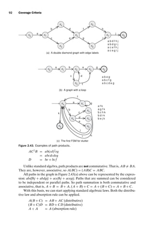 introtest CUUS047-Ammann ISBN 9780521880381 November 8, 2007 17:13 Char Count= 0
92 Coverage Criteria
(a) A double diamond graph with edge labels
(b) A graph with a loop
(c) The first FSM for stutter
n1
n2
n4
n6
n5
n8
n3
a
n0 n7
j
i
h
g
f
d
e
c
b
n0 n1 n5
n4
n3
n2
a g
f
d
e
c
b
a b d f h j
a b d g i j
a c e f h j
a c e g i j
a b e g
a b c f g
a b c d e g
a f k
a g f k
b c h k
b d i k
b e j k
n0 n1
n6
n4
n3
n2
a g
f
d
e
c
b
n5
h
i
j
k
Figure 2.43. Examples of path products.
AC2
B = ab(cd)2
eg
= abcdcdeg
D = be + bcf
Unlike standard algebra, path products are not commutative. That is, AB = BA.
They are, however, associative, so A(BC) = (AB)C = ABC.
All paths in the graph in Figure 2.43(a) above can be represented by the expres-
sion: abdfhj + abdgij + acefhj + acegij. Paths that are summed can be considered
to be independent or parallel paths. So path summation is both commutative and
associative, that is, A + B = B + A, (A + B) + C = A + (B + C) = A + B + C.
With this basis, we can start applying standard algebraic laws. Both the distribu-
tive law and absorption rule can be applied.
A(B + C) = AB + AC (distributive)
(B + C)D = BD + CD (distributive)
A + A = A (absorption rule)
 