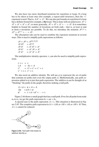 introtest CUUS047-Ammann ISBN 9780521880381 November 8, 2007 17:13 Char Count= 0
Graph Coverage 93
We also have two more shorthand notations for repetition or loops. If a loop
has to be taken at least once (for example, a repeat-until structure), then the ‘+’
exponent is used. That is, AA∗
= A+
. We can also put bounds on repetition if a loop
has a definite bound (for example, a for loop). This is done with an underscore: A3
=
A0
+ A1
+ A2
+ A3
, or more generally, An
= A0
+ A1
+ · · · + An
. It is sometimes
helpful to bound the number of iterations on both ends – that is, at least m and
at most n iterations are possible. To do this, we introduce the notation Am−n
=
Am
+ Am+1
+ · · · + An
.
The absorption rule can be used to combine the exponent notations in several
ways. This is used to simplify path expressions as follows:
An
+ Am
= Amax (n,m)
An
Am
= An+m
An
A∗
= A∗
An
= A∗
An
A+
= A+
An
= A+
A∗
A+
= A+
A∗
= A+
The multiplicative identity operator, λ, can also be used to simplify path expres-
sions.
λ + λ = λ
λA = Aλ = A
λn
= λn
= λ∗
= λ+
= λ
λ+
+ λ = λ∗
= λ
We also need an additive identity. We will use φ to represent the set of paths
that contains no paths (not even the empty path λ). Mathematically, any path ex-
pression added to φ is just that path expression. The additive φ can be thought of as
“blocking” the paths in the graph, therefore making a null path.
A + φ = φ + A = A
Aφ = φA = φ
φ∗
= λ + φ + φ2
+ · · · = λ
Figure 2.44 shows a small graph that has a null path. If we list all paths from node
n0 to n3, we get the path expression bc + aφ = bc.
A special case is the path expression A + λ. This situation is illustrated in Fig-
ure 2.45. The complete path expression is (A + λ)B, or AB + λB, or AB + B. Thus,
A + λ cannot be reduced.
n0
n1
n3
n2
a
c
b
Figure 2.44. Null path that leads to
additive identity φ.
 
