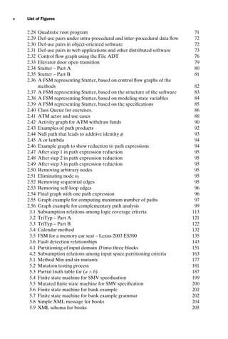 introtest CUUS047-Ammann ISBN 9780521880381 December 6, 2007 2:42 Char Count= 0
x List of Figures
2.28 Quadratic root program 71
2.29 Def-use pairs under intra-procedural and inter-procedural data flow 72
2.30 Def-use pairs in object-oriented software 72
2.31 Def-use pairs in web applications and other distributed software 73
2.32 Control flow graph using the File ADT 76
2.33 Elevator door open transition 79
2.34 Stutter – Part A 80
2.35 Stutter – Part B 81
2.36 A FSM representing Stutter, based on control flow graphs of the
methods 82
2.37 A FSM representing Stutter, based on the structure of the software 83
2.38 A FSM representing Stutter, based on modeling state variables 84
2.39 A FSM representing Stutter, based on the specifications 85
2.40 Class Queue for exercises. 86
2.41 ATM actor and use cases 88
2.42 Activity graph for ATM withdraw funds 90
2.43 Examples of path products 92
2.44 Null path that leads to additive identity φ 93
2.45 A or lambda 94
2.46 Example graph to show reduction to path expressions 94
2.47 After step 1 in path expression reduction 95
2.48 After step 2 in path expression reduction 95
2.49 After step 3 in path expression reduction 95
2.50 Removing arbitrary nodes 95
2.51 Eliminating node n2 95
2.52 Removing sequential edges 95
2.53 Removing self-loop edges 96
2.54 Final graph with one path expression 96
2.55 Graph example for computing maximum number of paths 97
2.56 Graph example for complementary path analysis 99
3.1 Subsumption relations among logic coverage criteria 113
3.2 TriTyp – Part A 121
3.3 TriTyp – Part B 122
3.4 Calendar method 132
3.5 FSM for a memory car seat – Lexus 2003 ES300 135
3.6 Fault detection relationships 143
4.1 Partitioning of input domain D into three blocks 151
4.2 Subsumption relations among input space partitioning criteria 163
5.1 Method Min and six mutants 177
5.2 Mutation testing process 181
5.3 Partial truth table for (a ∧ b) 187
5.4 Finite state machine for SMV specification 199
5.5 Mutated finite state machine for SMV specification 200
5.6 Finite state machine for bank example 202
5.7 Finite state machine for bank example grammar 202
5.8 Simple XML message for books 204
5.9 XML schema for books 205
 