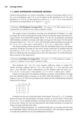introtest CUUS047-Ammann ISBN 9780521880381 November 8, 2007 17:13 Char Count= 0
106 Coverage Criteria
3.2 LOGIC EXPRESSION COVERAGE CRITERIA
Clauses and predicates are used to introduce a variety of coverage criteria. Let P
be a set of predicates and C be a set of clauses in the predicates in P. For each
predicate p ∈ P, let Cp be the clauses in p, that is, Cp = {c|c ∈ p}. C is the union of
the clauses in each predicate in P, that is, C =

p∈P
Cp.
Criterion 3.12 Predicate Coverage (PC): For each p ∈ P, TR contains two re-
quirements: p evaluates to true, and p evaluates to false.
The graph version of predicate coverage was introduced in Chapter 2 as edge
coverage; this is where the graph coverage criteria overlap the logic expression cov-
erage criteria. For control flow graphs where P is the set of predicates associated
with branches, predicate coverage and edge coverage are the same. For the predi-
cate given above, ((a  b) ∨ C) ∧ p(x), two tests that satisfy predicate coverage are
(a = 5, b = 4, C = true, p(x) = true) and (a = 5, b = 6, C = false, p(x) = false).
An obvious failing of this criterion is that the individual clauses are not always
exercised. Predicate coverage for the above clause could also be satisfied with the
two tests (a = 5, b = 4, C = true, p(x) = true) and (a = 5, b = 4, C = true, p(x) =
false), in which the first two clauses never have the value false! To rectify this prob-
lem, we move to the clause level.
Criterion 3.13 Clause Coverage (CC): For each c ∈ C, TR contains two require-
ments: c evaluates to true, and c evaluates to false.
Our predicate ((a  b) ∨ C) ∧ p(x) requires different values to satisfy CC.
Clause coverage requires that (a  b) = true and false, C = true and false, and
p(x) = true and false. These requirements can be satisfied with two tests: ((a =
5, b = 4), (C = true), p(x) = true) and ((a = 5, b = 6), (C = false), p(x) = false).
Clause coverage does not subsume predicate coverage, and predicate coverage
does not subsume clause coverage, as we show with the predicate p = a ∨ b. The
clauses C are {a, b}. The four test inputs that enumerate the combinations of logical
values for the clauses:
a b a ∨ b
1 T T T
2 T F T
3 F T T
4 F F F
Consider two test sets, each with a pair of test inputs. Test set T23 = {2, 3} satisfies
clause coverage, but not predicate coverage, because p is never false. Conversely,
test set T24 = {2, 4} satisfies predicate coverage, but not clause coverage, because b
is never true. These two test sets demonstrate that neither predicate coverage nor
clause coverage subsumes the other.
From the testing perspective, we would certainly like a coverage criterion that
tests individual clauses and that also tests the predicate. The most direct approach
to rectify this problem is to try all combinations of clauses:
 
