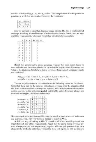 introtest CUUS047-Ammann ISBN 9780521880381 November 8, 2007 17:13 Char Count= 0
Logic Coverage 117
method of calculating pa, pb, and pc earlier. The computations for this particular
predicate p are left as an exercise. However, the results are
pa ¬b ∧ c
pb ¬a ∧ c
pc a ∨ b
Now we can turn to the other clause coverage criteria. The first is combinatorial
coverage, requiring all combinations of values for the clauses. In this case, we have
eight test requirements, which can be satisfied with the following values:
a b c (a ∨ b) ∧ c
1 t t t t
2 t t f f
3 t f t t
4 t f f f
5 f t t t
6 f t f f
7 f f t f
8 f f f f
Recall that general active clause coverage requires that each major clause be
true and false and the minor clauses be such that the major clause determines the
value of the predicate. Similarly to clause coverage, three pairs of test requirements
can be defined:
TRGACC = {(a = true ∧ pa, a = false ∧ pa), (b = true ∧ pb,
b = false ∧ pb), (c = true ∧ pc, c = false ∧ pc)}
The test requirements can be satisfied with the following values for the clauses.
Note that these can be the same as with clause coverage with the exception that
the blank cells from clause coverage are replaced with the values from the determi-
nation analysis. In the following (partial truth) table, values for major clauses are
indicated with upper case letters in boldface.
a b c p
a = true ∧pa T f t t
a = false ∧pa F f t f
b = true ∧pb f T t t
b = false ∧pb f F t f
c = true ∧pc t f T t
c = false ∧pc f t F f
Note the duplication; the first and fifth rows are identical, and the second and fourth
are identical. Thus, only four tests are needed to satisfy GACC.
A different way of looking at GACC considers all of the possible pairs of test
inputs for each pair of test requirements. Recall that the active clause coverage cri-
teria always generate test requirements in pairs, with one pair generated for each
clause in the predicate under test. To identify these test inputs, we will use the row
 
