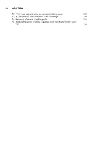 introtest CUUS047-Ammann ISBN 9780521880381 December 6, 2007 2:42 Char Count= 0
xiv List of Tables
7.2 ITU: Code example showing inconsistent type usage 242
7.3 IC: Incomplete construction of state variable fd 246
7.4 Summary of sample coupling paths 254
7.5 Binding triples for coupling sequence from class hierarchy in Figure
7.13 254
 