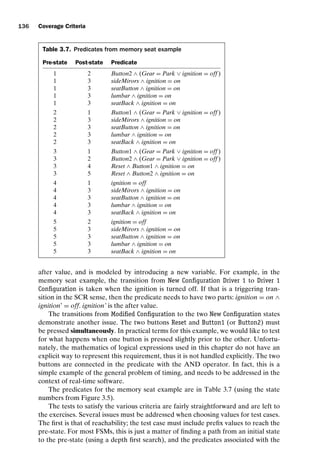 introtest CUUS047-Ammann ISBN 9780521880381 November 8, 2007 17:13 Char Count= 0
136 Coverage Criteria
Table 3.7. Predicates from memory seat example
Pre-state Post-state Predicate
1 2 Button2 ∧ (Gear = Park ∨ ignition = off )
1 3 sideMirors ∧ ignition = on
1 3 seatButton ∧ ignition = on
1 3 lumbar ∧ ignition = on
1 3 seatBack ∧ ignition = on
2 1 Button1 ∧ (Gear = Park ∨ ignition = off )
2 3 sideMirors ∧ ignition = on
2 3 seatButton ∧ ignition = on
2 3 lumbar ∧ ignition = on
2 3 seatBack ∧ ignition = on
3 1 Button1 ∧ (Gear = Park ∨ ignition = off )
3 2 Button2 ∧ (Gear = Park ∨ ignition = off )
3 4 Reset ∧ Button1 ∧ ignition = on
3 5 Reset ∧ Button2 ∧ ignition = on
4 1 ignition = off
4 3 sideMirors ∧ ignition = on
4 3 seatButton ∧ ignition = on
4 3 lumbar ∧ ignition = on
4 3 seatBack ∧ ignition = on
5 2 ignition = off
5 3 sideMirors ∧ ignition = on
5 3 seatButton ∧ ignition = on
5 3 lumbar ∧ ignition = on
5 3 seatBack ∧ ignition = on
after value, and is modeled by introducing a new variable. For example, in the
memory seat example, the transition from New Configuration Driver 1 to Driver 1
Configuration is taken when the ignition is turned off. If that is a triggering tran-
sition in the SCR sense, then the predicate needs to have two parts: ignition = on ∧
ignition’ = off. ignition’ is the after value.
The transitions from Modified Configuration to the two New Configuration states
demonstrate another issue. The two buttons Reset and Button1 (or Button2) must
be pressed simultaneously. In practical terms for this example, we would like to test
for what happens when one button is pressed slightly prior to the other. Unfortu-
nately, the mathematics of logical expressions used in this chapter do not have an
explicit way to represent this requirement, thus it is not handled explicitly. The two
buttons are connected in the predicate with the AND operator. In fact, this is a
simple example of the general problem of timing, and needs to be addressed in the
context of real-time software.
The predicates for the memory seat example are in Table 3.7 (using the state
numbers from Figure 3.5).
The tests to satisfy the various criteria are fairly straightforward and are left to
the exercises. Several issues must be addressed when choosing values for test cases.
The first is that of reachability; the test case must include prefix values to reach the
pre-state. For most FSMs, this is just a matter of finding a path from an initial state
to the pre-state (using a depth first search), and the predicates associated with the
 