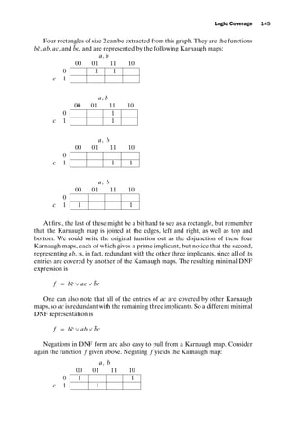introtest CUUS047-Ammann ISBN 9780521880381 November 8, 2007 17:13 Char Count= 0
Logic Coverage 145
Four rectangles of size 2 can be extracted from this graph. They are the functions
bc̄, ab, ac, and b̄c, and are represented by the following Karnaugh maps:
a, b
00 01 11 10
0 1 1
c 1
a, b
00 01 11 10
0 1
c 1 1
a, b
00 01 11 10
0
c 1 1 1
a, b
00 01 11 10
0
c 1 1 1
At first, the last of these might be a bit hard to see as a rectangle, but remember
that the Karnaugh map is joined at the edges, left and right, as well as top and
bottom. We could write the original function out as the disjunction of these four
Karnaugh maps, each of which gives a prime implicant, but notice that the second,
representing ab, is, in fact, redundant with the other three implicants, since all of its
entries are covered by another of the Karnaugh maps. The resulting minimal DNF
expression is
f = bc̄ ∨ ac ∨ b̄c
One can also note that all of the entries of ac are covered by other Karnaugh
maps, so ac is redundant with the remaining three implicants. So a different minimal
DNF representation is
f = bc̄ ∨ ab ∨ b̄c
Negations in DNF form are also easy to pull from a Karnaugh map. Consider
again the function f given above. Negating f yields the Karnaugh map:
a, b
00 01 11 10
0 1 1
c 1 1
 