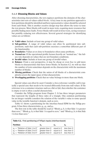 introtest CUUS047-Ammann ISBN 9780521880381 November 8, 2007 17:13 Char Count= 0
156 Coverage Criteria
4.1.4 Choosing Blocks and Values
After choosing characteristics, the test engineer partitions the domains of the char-
acteristics into sets of values called blocks. A key issue in any partition approach is
how partitions should be identified and how representative values should be selected
from each block. This is another creative design step that allows the tester to tune
the test process. More blocks will result in more tests, requiring more resources but
possibly finding more faults. Fewer blocks will result in fewer tests, saving resources
but possibly reducing test effectiveness. Several general strategies for identifying
values are as follows:
 Valid values: Include at least one group of valid values.
 Sub-partition: A range of valid values can often be partitioned into sub-
partitions, such that each sub-partition exercises a somewhat different part of
the functionality.
 Boundaries: Values at or close to boundaries often cause problems.
 Normal use: If the operational profile focuses heavily on “normal use,” the fail-
ure rate depends on values that are not boundary conditions.
 Invalid values: Include at least one group of invalid values.
 Balance: From a cost perspective, it may be cheap or even free to add more
blocks to characteristics that have fewer blocks. In Section 4.2, we will see that
the number of tests sometimes depends on the characteristic with the maximum
number of blocks.
 Missing partitions: Check that the union of all blocks of a characteristic com-
pletely covers the input space of that characteristic.
 Overlapping partitions: Check that no value belongs to more than one block.
Special values can often be used. Consider a Java reference variable; null is typ-
ically a special case that needs to be treated differently from non null values. If the
reference is to a container structure such as a Set or List, then whether the container
is empty or not is often a useful characteristic.
Consider the TriTyp program from Chapter 3. It has three integer parameters
that represent the lengths of three sides of a triangle. One common partitioning
for an integer variable considers the relation of the variable’s value to some special
value in the testable function’s domain, such as zero.
Table 4.1 shows a partitioning for the interface-based IDM for the TriTyp pro-
gram. It has three characteristics, q1, q2, and q3.
The first row in the table should be read as “Block q1.b1 is that Side 1 is greater
than zero,” “Block q1.b2 is that Side 1 is equal to zero,” and “Block q1.b3 is that Side
1 is less than zero.”
Table 4.1. First partitioning of TriTyp’s inputs (interface-based)
Partition b1 b2 b3
q1 = “Relation of Side 1 to 0” greater than 0 equal to 0 less than 0
q2 = “Relation of Side 2 to 0” greater than 0 equal to 0 less than 0
q3 = “Relation of Side 3 to 0” greater than 0 equal to 0 less than 0
 