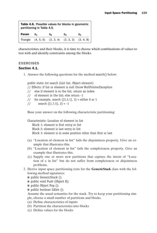 introtest CUUS047-Ammann ISBN 9780521880381 November 8, 2007 17:13 Char Count= 0
Input Space Partitioning 159
Table 4.6. Possible values for blocks in geometric
partitioning in Table 4.5.
Param b1 b2 b3 b4
Triangle (4, 5, 6) (3, 3, 4) (3, 3, 3) (3, 4, 8)
characteristics and their blocks, it is time to choose which combinations of values to
test with and identify constraints among the blocks.
EXERCISES
Section 4.1.
1. Answer the following questions for the method search() below:
public static int search (List list, Object element)
// Effects: if list or element is null throw NullPointerException
// else if element is in the list, return an index
// of element in the list; else return -1
// for example, search ([3,3,1], 3) = either 0 or 1
// search ([1,7,5], 2) = -1
Base your answer on the following characteristic partitioning:
Characteristic: Location of element in list
Block 1: element is first entry in list
Block 2: element is last entry in list
Block 3: element is in some position other than first or last
(a) “Location of element in list” fails the disjointness property. Give an ex-
ample that illustrates this.
(b) “Location of element in list” fails the completeness property. Give an
example that illustrates this.
(c) Supply one or more new partitions that capture the intent of “Loca-
tion of e in list” but do not suffer from completeness or disjointness
problems.
2. Derive input space partitioning tests for the GenericStack class with the fol-
lowing method signatures:
 public GenericStack ();
 public void Push (Object X);
 public Object Pop ();
 public boolean IsEmt ();
Assume the usual semantics for the stack. Try to keep your partitioning sim-
ple, choose a small number of partitions and blocks.
(a) Define characteristics of inputs
(b) Partition the characteristics into blocks
(c) Define values for the blocks
 