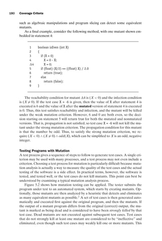 introtest CUUS047-Ammann ISBN 9780521880381 November 8, 2007 17:13 Char Count= 0
180 Coverage Criteria
such as algebraic manipulations and program slicing can detect some equivalent
mutants.
As a final example, consider the following method, with one mutant shown em-
bedded in statement 4:
1 boolean isEven (int X)
2 {
3 if (X  0)
4 X = 0 - X;
4 X = 0;
5 if (float) (X/2) == ((float) X) / 2.0
6 return (true);
7 else
8 return (false);
9 }
The reachability condition for mutant 4 is (X  0) and the infection condition
is (X = 0). If the test case X = -6 is given, then the value of X after statement 4 is
executed is 6 and the value of X after the mutated version of statement 4 is executed
is 0. Thus, this test satisfies reachability and infection, and the mutant will be killed
under the weak mutation criterion. However, 6 and 0 are both even, so the deci-
sion starting on statement 5 will return true for both the mutated and nonmutated
versions. That is, propagation is not satisfied, so test case X = -6 will not kill the mu-
tant under the strong mutation criterion. The propagation condition for this mutant
is that the number be odd. Thus, to satisfy the strong mutation criterion, we re-
quire (X  0) ∧ (X = 0) ∧ odd(X), which can be simplified to X is an odd, negative
integer.
Testing Programs with Mutation
A test process gives a sequence of steps to follow to generate test cases. A single cri-
terion may be used with many processes, and a test process may not even include a
criterion. Choosing a test process for mutation is particularly difficult because muta-
tion analysis is actually a way to measure the quality of the test cases and the actual
testing of the software is a side effect. In practical terms, however, the software is
tested, and tested well, or the test cases do not kill mutants. This point can best be
understood by examining a typical mutation analysis process.
Figure 5.2 shows how mutation testing can be applied. The tester submits the
program under test to an automated system, which starts by creating mutants. Op-
tionally, those mutants are then analyzed by a heuristic that detects and eliminates
as many equivalent mutants as possible.2
A set of test cases is then generated auto-
matically and executed first against the original program, and then the mutants. If
the output of a mutant program differs from the original (correct) output, the mu-
tant is marked as being dead and is considered to have been strongly killed by that
test case. Dead mutants are not executed against subsequent test cases. Test cases
that do not strongly kill at least one mutant are considered to be “ineffective” and
eliminated, even though such test cases may weakly kill one or more mutants. This
 