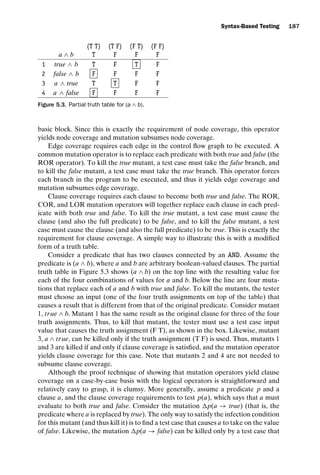 introtest CUUS047-Ammann ISBN 9780521880381 November 8, 2007 17:13 Char Count= 0
Syntax-Based Testing 187
(T T) (T F) (F T) (F F)
a ∧ b T F F F
1 true ∧ b T F T F
2 false ∧ b F F F F
3 a ∧ true T T F F
4 a ∧ false F F F F
Figure 5.3. Partial truth table for (a ∧ b).
basic block. Since this is exactly the requirement of node coverage, this operator
yields node coverage and mutation subsumes node coverage.
Edge coverage requires each edge in the control flow graph to be executed. A
common mutation operator is to replace each predicate with both true and false (the
ROR operator). To kill the true mutant, a test case must take the false branch, and
to kill the false mutant, a test case must take the true branch. This operator forces
each branch in the program to be executed, and thus it yields edge coverage and
mutation subsumes edge coverage.
Clause coverage requires each clause to become both true and false. The ROR,
COR, and LOR mutation operators will together replace each clause in each pred-
icate with both true and false. To kill the true mutant, a test case must cause the
clause (and also the full predicate) to be false, and to kill the false mutant, a test
case must cause the clause (and also the full predicate) to be true. This is exactly the
requirement for clause coverage. A simple way to illustrate this is with a modified
form of a truth table.
Consider a predicate that has two clauses connected by an AND. Assume the
predicate is (a ∧ b), where a and b are arbitrary boolean-valued clauses. The partial
truth table in Figure 5.3 shows (a ∧ b) on the top line with the resulting value for
each of the four combinations of values for a and b. Below the line are four muta-
tions that replace each of a and b with true and false. To kill the mutants, the tester
must choose an input (one of the four truth assignments on top of the table) that
causes a result that is different from that of the original predicate. Consider mutant
1, true ∧ b. Mutant 1 has the same result as the original clause for three of the four
truth assignments. Thus, to kill that mutant, the tester must use a test case input
value that causes the truth assignment (F T), as shown in the box. Likewise, mutant
3, a ∧ true, can be killed only if the truth assignment (T F) is used. Thus, mutants 1
and 3 are killed if and only if clause coverage is satisfied, and the mutation operator
yields clause coverage for this case. Note that mutants 2 and 4 are not needed to
subsume clause coverage.
Although the proof technique of showing that mutation operators yield clause
coverage on a case-by-case basis with the logical operators is straightforward and
relatively easy to grasp, it is clumsy. More generally, assume a predicate p and a
clause a, and the clause coverage requirements to test p(a), which says that a must
evaluate to both true and false. Consider the mutation p(a → true) (that is, the
predicate where a is replaced by true). The only way to satisfy the infection condition
for this mutant (and thus kill it) is to find a test case that causes a to take on the value
of false. Likewise, the mutation p(a → false) can be killed only by a test case that
 