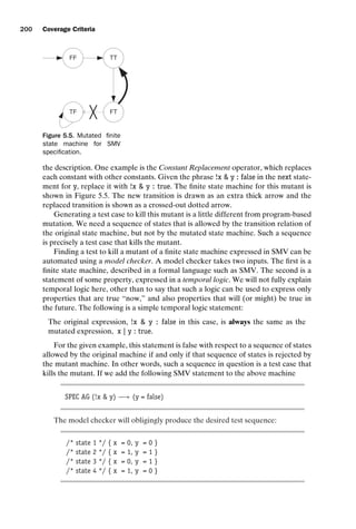 introtest CUUS047-Ammann ISBN 9780521880381 November 8, 2007 17:13 Char Count= 0
200 Coverage Criteria
FF TT
TF FT
Figure 5.5. Mutated finite
state machine for SMV
specification.
the description. One example is the Constant Replacement operator, which replaces
each constant with other constants. Given the phrase !x  y : false in the next state-
ment for y, replace it with !x  y : true. The finite state machine for this mutant is
shown in Figure 5.5. The new transition is drawn as an extra thick arrow and the
replaced transition is shown as a crossed-out dotted arrow.
Generating a test case to kill this mutant is a little different from program-based
mutation. We need a sequence of states that is allowed by the transition relation of
the original state machine, but not by the mutated state machine. Such a sequence
is precisely a test case that kills the mutant.
Finding a test to kill a mutant of a finite state machine expressed in SMV can be
automated using a model checker. A model checker takes two inputs. The first is a
finite state machine, described in a formal language such as SMV. The second is a
statement of some property, expressed in a temporal logic. We will not fully explain
temporal logic here, other than to say that such a logic can be used to express only
properties that are true “now,” and also properties that will (or might) be true in
the future. The following is a simple temporal logic statement:
The original expression, !x  y : false in this case, is always the same as the
mutated expression, x | y : true.
For the given example, this statement is false with respect to a sequence of states
allowed by the original machine if and only if that sequence of states is rejected by
the mutant machine. In other words, such a sequence in question is a test case that
kills the mutant. If we add the following SMV statement to the above machine
SPEC AG (!x  y) −→ (y = false)
The model checker will obligingly produce the desired test sequence:
/* state 1 */ { x = 0, y = 0 }
/* state 2 */ { x = 1, y = 1 }
/* state 3 */ { x = 0, y = 1 }
/* state 4 */ { x = 1, y = 0 }
 