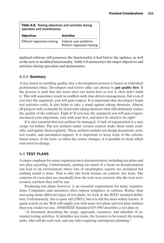 introtest CUUS047-Ammann ISBN 9780521880381 November 8, 2007 17:13 Char Count= 0
Practical Considerations 225
Table 6.8. Testing objectives and activities during
operation and maintenance
Objectives Activities
Efficient regression testing Capture user problems
Perform regression testing
updated software still possesses the functionality it had before the updates, as well
as the new or modified functionality. Table 6.8 summarizes the major objectives and
activities during operation and maintenance.
6.3.9 Summary
A key factor to instilling quality into a development process is based on individual
professional ethics. Developers and testers alike can choose to put quality first. If
the process is such that the tester does not know how to test it, then don’t build
it. This will sometimes result in conflicts with time-driven management, but even if
you lose the argument, you will gain respect. It is important that developers begin
test activities early. It also helps to take a stand against taking shortcuts. Almost
all projects will eventually be faced with taking shortcuts that will ultimately reduce
the quality of the software. Fight it! If you lose the argument you will gain respect:
document your objections, vote with your feet, and don’t be afraid to be right!
It is also essential that test artifacts be managed. A lack of organization is a sure
recipe for failure. Put test artifacts under version control, make them easily avail-
able, and update them regularly. These artifacts include test design documents, tests,
test results, and automated support. It is important to keep track of the criteria-
based source of the tests, so when the source changes, it is possible to track which
tests need to change.
6.4 TEST PLANS
A major emphasis for many organizations is documentation, including test plans and
test plan reporting. Unfortunately, putting too much of a focus on documentation
can lead to an environment where lots of meaningless reports are produced but
nothing useful is done. That is why this book focuses on content, not form. The
contents of a test plan are essentially how the tests were created, why the tests were
created, and how they will be run.
Producing test plans, however, is an essential requirement for many organiza-
tions. Companies and customers often impose templates or outlines. Rather than
surveying many different types of test plans, we look at the IEEE standard defini-
tion. Unfortunately, this is quite old (1983!), but it is still the most widely known. A
quick search on the Web will supply you with more test plans and test plan outlines
than you could ever use. ANSI/IEEE Standard 829-1983 describes a test plan as:
“A document describing the scope, approach, resources, and schedule of in-
tended testing activities. It identifies test items, the features to be tested, the testing
tasks, who will do each task, and any risks requiring contingency planning.”
 
