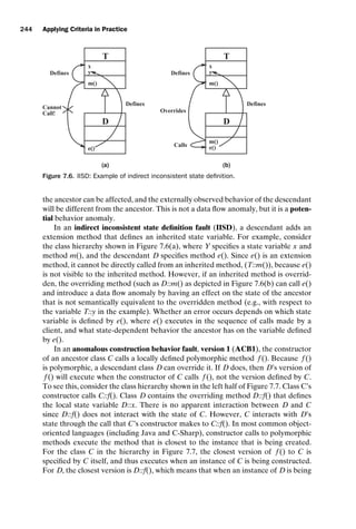 introtest CUUS047-Ammann ISBN 9780521880381 November 8, 2007 17:13 Char Count= 0
244 Applying Criteria in Practice
T
D
x
y
m()
e()
Defines
Defines
Cannot
Call!
(a)
T
D
x
y
m()
Defines
Defines
Overrides
m()
e()
Calls
(b)
Figure 7.6. IISD: Example of indirect inconsistent state definition.
the ancestor can be affected, and the externally observed behavior of the descendant
will be different from the ancestor. This is not a data flow anomaly, but it is a poten-
tial behavior anomaly.
In an indirect inconsistent state definition fault (IISD), a descendant adds an
extension method that defines an inherited state variable. For example, consider
the class hierarchy shown in Figure 7.6(a), where Y specifies a state variable x and
method m(), and the descendant D specifies method e(). Since e() is an extension
method, it cannot be directly called from an inherited method, (T::m()), because e()
is not visible to the inherited method. However, if an inherited method is overrid-
den, the overriding method (such as D::m() as depicted in Figure 7.6(b) can call e()
and introduce a data flow anomaly by having an effect on the state of the ancestor
that is not semantically equivalent to the overridden method (e.g., with respect to
the variable T::y in the example). Whether an error occurs depends on which state
variable is defined by e(), where e() executes in the sequence of calls made by a
client, and what state-dependent behavior the ancestor has on the variable defined
by e().
In an anomalous construction behavior fault, version 1 (ACB1), the constructor
of an ancestor class C calls a locally defined polymorphic method f (). Because f ()
is polymorphic, a descendant class D can override it. If D does, then D’s version of
f () will execute when the constructor of C calls f (), not the version defined by C.
To see this, consider the class hierarchy shown in the left half of Figure 7.7. Class C’s
constructor calls C::f(). Class D contains the overriding method D::f() that defines
the local state variable D::x. There is no apparent interaction between D and C
since D::f() does not interact with the state of C. However, C interacts with D’s
state through the call that C’s constructor makes to C::f(). In most common object-
oriented languages (including Java and C-Sharp), constructor calls to polymorphic
methods execute the method that is closest to the instance that is being created.
For the class C in the hierarchy in Figure 7.7, the closest version of f () to C is
specified by C itself, and thus executes when an instance of C is being constructed.
For D, the closest version is D::f(), which means that when an instance of D is being
 