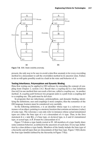 introtest CUUS047-Ammann ISBN 9780521880381 November 8, 2007 17:13 Char Count= 0
Engineering Criteria for Technologies 247
B
A
m()
−v Private
+m()
C
(a)
Overrides
B
A
m()
m()
−v
Private
+m()
C
Overrides
(b)
Over rides
Figure 7.8. SVA: State visibility anomaly.
present, the only way to be sure to avoid a data flow anomaly is for every overriding
method in a descendant to call the overridden method in its ancestor class. Failure
to do so will quite possibly result in a fault in the state and behavior of A.
Testing Inheritance, Polymorphism and Dynamic Binding
Data flow testing can be applied to OO software by extending the concept of cou-
pling from Chapter 2, section 2.4.2. Recall that a coupling-def is a last definition
(last-def) in one method that can reach a first use, called a coupling-use, in another
method. A coupling path between two program units is a path from a coupling-def
to a coupling-use. The path must be def-clear.
In programs that use inheritance, polymorphism, and dynamic binding, identi-
fying the definitions, uses and couplings is more complex, thus the semantics of the
OO language features must be considered very carefully.
In the following definitions, o is an identifier whose type is a reference to an
instance of an object, pointing to a memory location that contains an instance (value)
of some type. The reference o can only refer to instances whose actual instantiated
types are either the base type of o or a descendant of o’s type. Thus, in the Java
statement A o = new B();, o’s base type, or declared type, is A and it’s instantiated
type, or actual type, is B. B must be a descendant of A.
Figure 7.9 shows a type family rooted at W. All members of a type family share
some common behavior, as defined in the ancestors of each class. Every type defini-
tion by a class defines a type family. Members of the family include the base type of
a hierarchy and all types that are descendants of that base type. Figure 7.9(b) shows
the four type families defined by the hierarchy in Figure 7.9(a).
 