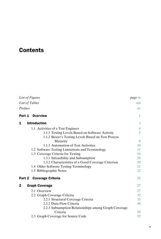 introtest CUUS047-Ammann ISBN 9780521880381 December 6, 2007 2:42 Char Count= 0
Contents
List of Figures page ix
List of Tables xiii
Preface xv
Part 1 Overview 1
1 Introduction 3
1.1 Activities of a Test Engineer 4
1.1.1 Testing Levels Based on Software Activity 5
1.1.2 Beizer’s Testing Levels Based on Test Process
Maturity 8
1.1.3 Automation of Test Activities 10
1.2 Software Testing Limitations and Terminology 11
1.3 Coverage Criteria for Testing 16
1.3.1 Infeasibility and Subsumption 20
1.3.2 Characteristics of a Good Coverage Criterion 20
1.4 Older Software Testing Terminology 21
1.5 Bibliographic Notes 22
Part 2 Coverage Criteria 25
2 Graph Coverage 27
2.1 Overview 27
2.2 Graph Coverage Criteria 32
2.2.1 Structural Coverage Criteria 33
2.2.2 Data Flow Criteria 44
2.2.3 Subsumption Relationships among Graph Coverage
Criteria 50
2.3 Graph Coverage for Source Code 52
v
 