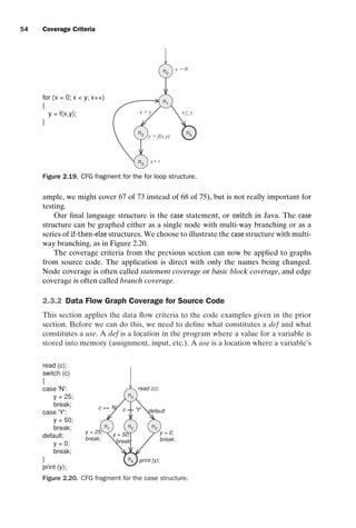 introtest CUUS047-Ammann ISBN 9780521880381 November 8, 2007 17:13 Char Count= 0
54 Coverage Criteria
for (x = 0; x  y; x++)
{
y = f(x,y);
}
n0
n1
n4
n2
x  y x y
y = f(x,y)
x = 0
n3
x++
Figure 2.19. CFG fragment for the for loop structure.
ample, we might cover 67 of 73 instead of 68 of 75), but is not really important for
testing.
Our final language structure is the case statement, or switch in Java. The case
structure can be graphed either as a single node with multi-way branching or as a
series of if-then-else structures. We choose to illustrate the case structure with multi-
way branching, as in Figure 2.20.
The coverage criteria from the previous section can now be applied to graphs
from source code. The application is direct with only the names being changed.
Node coverage is often called statement coverage or basic block coverage, and edge
coverage is often called branch coverage.
2.3.2 Data Flow Graph Coverage for Source Code
This section applies the data flow criteria to the code examples given in the prior
section. Before we can do this, we need to define what constitutes a def and what
constitutes a use. A def is a location in the program where a value for a variable is
stored into memory (assignment, input, etc.). A use is a location where a variable’s
read (c);
switch (c)
{
case 'N':
y = 25;
break;
case 'Y':
y = 50;
break;
default:
y = 0;
break;
}
print (y);
n0
n3
n2
n1
read (c);
n4
c == 'N' c == 'Y' default
print (y);
y = 25;
break;
y = 0;
break;
y = 50;
break;
Figure 2.20. CFG fragment for the case structure.
 