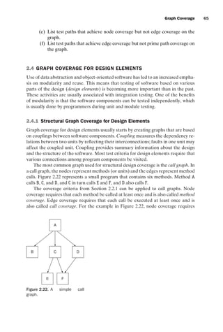 introtest CUUS047-Ammann ISBN 9780521880381 November 8, 2007 17:13 Char Count= 0
Graph Coverage 65
(e) List test paths that achieve node coverage but not edge coverage on the
graph.
(f) List test paths that achieve edge coverage but not prime path coverage on
the graph.
2.4 GRAPH COVERAGE FOR DESIGN ELEMENTS
Use of data abstraction and object-oriented software has led to an increased empha-
sis on modularity and reuse. This means that testing of software based on various
parts of the design (design elements) is becoming more important than in the past.
These activities are usually associated with integration testing. One of the benefits
of modularity is that the software components can be tested independently, which
is usually done by programmers during unit and module testing.
2.4.1 Structural Graph Coverage for Design Elements
Graph coverage for design elements usually starts by creating graphs that are based
on couplings between software components. Coupling measures the dependency re-
lations between two units by reflecting their interconnections; faults in one unit may
affect the coupled unit. Coupling provides summary information about the design
and the structure of the software. Most test criteria for design elements require that
various connections among program components be visited.
The most common graph used for structural design coverage is the call graph. In
a call graph, the nodes represent methods (or units) and the edges represent method
calls. Figure 2.22 represents a small program that contains six methods. Method A
calls B, C, and D, and C in turn calls E and F, and D also calls F.
The coverage criteria from Section 2.2.1 can be applied to call graphs. Node
coverage requires that each method be called at least once and is also called method
coverage. Edge coverage requires that each call be executed at least once and is
also called call coverage. For the example in Figure 2.22, node coverage requires
A
F
E
D
B C
Figure 2.22. A simple call
graph.
 