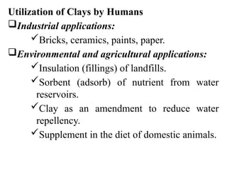 Utilization of Clays by Humans
Industrial applications:
Bricks, ceramics, paints, paper.
Environmental and agricultural applications:
Insulation (fillings) of landfills.
Sorbent (adsorb) of nutrient from water
reservoirs.
Clay as an amendment to reduce water
repellency.
Supplement in the diet of domestic animals.
 