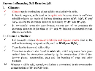 Factors Influencing Soil Reaction/pH
I. Climate:
 Climate tends to stimulate either acidity or alkalinity in soils.
 In humid regions, soils tend to be quite acid because there is sufficient
rainfall to leach out much of the base-forming cations (Ca2+
, Mg2+
, K+
and
Na+
), leaving the exchange complex dominated by Al3+
and H+
ions.
 In low-rainfall areas the base-forming cations are left to dominate the
exchange complex in the place of Al3+
and H+
, leading to a neutral or even
alkaline condition.
II. Human activities:
 For example, certain chemical fertilizers and organic wastes react in the
soil to form strong inorganic acids, such as HNO3 and H2SO4.
 These lead to increased soil acidity.
 These two acids are also found in acid rain, which originates from gases
emitted into the atmosphere primarily by the combustion of fossil fuel
(power plants, automobiles, etc.) and the burning of trees and other
biomass.
 Whether a soil is acid, neutral, or alkaline is determined by the comparative
concentrations of H+
and OH-
ions.
 
