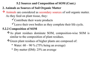 5.2 Sources and Composition of SOM (Cont.)
2. Animals as Sources of Soil Organic Matter
 Animals are considered as secondary sources of soil organic matter.
As they feed on plant tissue, they:
Contribute their waste products
Leave their own bodies as they complete their life cycle.
5.2.2 Composition of SOM
As plant residues dominate SOM, composition-wise SOM is
similar to the composition of plant residues.
Green plant residues of higher plants are composed of:
• Water: 60 – 90 % (75% being an average)
• Dry matter (DM): 25% an average
 