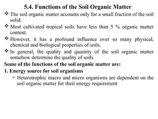5.4. Functions of the Soil Organic Matter
 The soil organic matter accounts only for a small fraction of the soil
solid.
 Most cultivated tropical soils have less than 5 % organic matter
content.
 However, it has a profound influence over so many physical,
chemical and biological properties of soils.
 In general, the quality and quantity of the soil organic matter
somehow determine the quality of soils.
Some of the functions of the soil organic matter are:
1. Energy source for soil organisms
– Heterotrophic macro and micro organisms are dependent on the
soil organic matter for their energy requirement
 