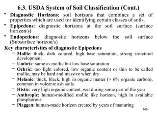 145
6.3. USDA System of Soil Classification (Cont.)
• Diagnostic Horizons: soil horizons that combines a set of
properties which are used for identifying certain classes of soils.
• Epipedons: diagnostic horizons at the soil surface (surface
horizon/s)
• Endopedons: diagnostic horizons below the soil surface
(Subsurface horizon/s)
Key characteristics of diagnostic Epipedons
– Mollic: thick, dark colored, high base saturation, strong structural
development
– Umbric: same as mollic but low base saturation
– Ochric: too light colored, low organic content or thin to be called
mollic, may be hard and massive when dry
– Melanic: thick, black, high in organic matter (> 6% organic carbon),
common in volcanic ash soils
– Histic: very high organic content, wet during some part of the year
– Anthropic: human-modified mollic like horizon, high in available
phosphorous
– Plaggen: human-made horizon created by years of manuring
 