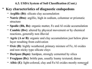 146
6.3. USDA System of Soil Classification (Cont.)
• Key characteristics of diagnostic endopedons
– Argillic (Bt): silicate clay accumulation
– Natric (Btn): argillic, high in sodium, columnar or prismatic
structure
– Spodic (Bh, Bs): organic matter, Fe and Al oxide accumulation
– Cambic (Bw): altered by physical movement or by chemical
reactions, generally non illuvial
– Agric (A or B): organic and clay accumulation just below plow
layer resulting from cultivation
– Oxic (B): highly weathered, primary mixture of Fe, Al oxides
and non sticky type silicate clays
– Duripan (Bqm): hardpan, strongly cemented by silica
– Fragipan (Bx): brittle pan, usually loamy textured, dense
– Albic (E): light-colored, clay and Fe/Al oxides mostly removed
 