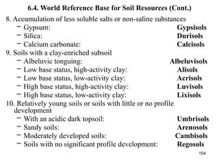 154
6.4. World Reference Base for Soil Resources (Cont.)
8. Accumulation of less soluble salts or non-saline substances
– Gypsum: Gypsisols
– Silica: Durisols
– Calcium carbonate: Calcisols
9. Soils with a clay-enriched subsoil
– Albeluvic tonguing: Albeluvisols
– Low base status, high-activity clay: Alisols
– Low base status, low-activity clay: Acrisols
– High base status, high-activity clay: Luvisols
– High base status, low-activity clay: Lixisols
10. Relatively young soils or soils with little or no profile
development
– With an acidic dark topsoil: Umbrisols
– Sandy soils: Arenosols
– Moderately developed soils: Cambisols
– Soils with no significant profile development: Regosols
 