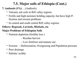 160
7.5. Major soils of Ethiopia (Cont.)
7. Andosols (1%) …(Andisols)
– Volcanic ash soils in Rift valley regions
– Fertile and high moisture holding capacity, but have high P-
fixation and erosion problems
– In central and south central Rift valley regions.
Others: Regosols, Luvisols, Histisols, etc
Major Problems of Ethiopian Soils
– Nutrient depletion (fertility loss )
- Residue harvest
- Low fertilizer and manure use
– Erosion: - Deforestation, Overgrazing and Population pressure
– Poor drainage
– Salinity/ acidity
 