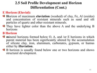 60
2.5 Soil Profile Development and Horizon
Differentiation (Cont.)
E Horizon (Eluvial):
Horizon of maximum eluviation (washed) of clay, Fe, Al (oxides)
and concentration of resistant minerals such as sand and silt
particles of quartz and other resistant minerals.
They have lighter color than the above A and the underlying B
horizons
B Horizon
mineral horizons formed below O, A, and /or E horizons in which
parent material has been significantly altered by the accumulation
of silicate clay, iron, aluminum, carbonates, gypsum, or humus
either by illuviation.
B horizon is usually found below one or two horizons and shows
structural development.
 