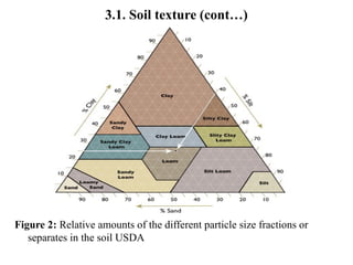 3.1. Soil texture (cont…)
Figure 2: Relative amounts of the different particle size fractions or
separates in the soil USDA
 