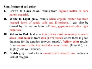 Significance of soil color
I. Brown to black color: results from organic matter or dark
parent material.
II. White to Light grey: results when organic matter has been
leached down of sandy soils and E-horizons.It can also be
caused by the accumulation of lime, gypsum and other light
materials.
III. Yellow to Red: Is due to iron oxides most commonly in warm
areas. Red color is from iron (Fe+3
) oxides where there is good
drainage for the aeration (oxygen supply). Yellow color results
from an iron oxide that includes some water (limonite), i.e.
slightly less well drained.
IV. Bluish grey: results from unoxidized (reduced) iron, indicates
lack of oxygen.
 