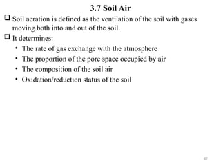 87
3.7 Soil Air
 Soil aeration is defined as the ventilation of the soil with gases
moving both into and out of the soil.
 It determines:
• The rate of gas exchange with the atmosphere
• The proportion of the pore space occupied by air
• The composition of the soil air
• Oxidation/reduction status of the soil
 