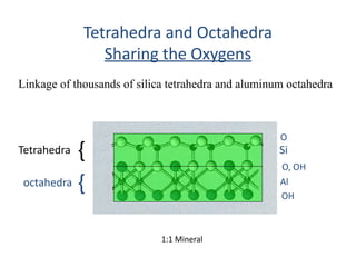 Tetrahedra and Octahedra
Sharing the Oxygens
Linkage of thousands of silica tetrahedra and aluminum octahedra
O
Si
O, OH
Al
OH
Tetrahedra
octahedra
{
{
1:1 Mineral
 