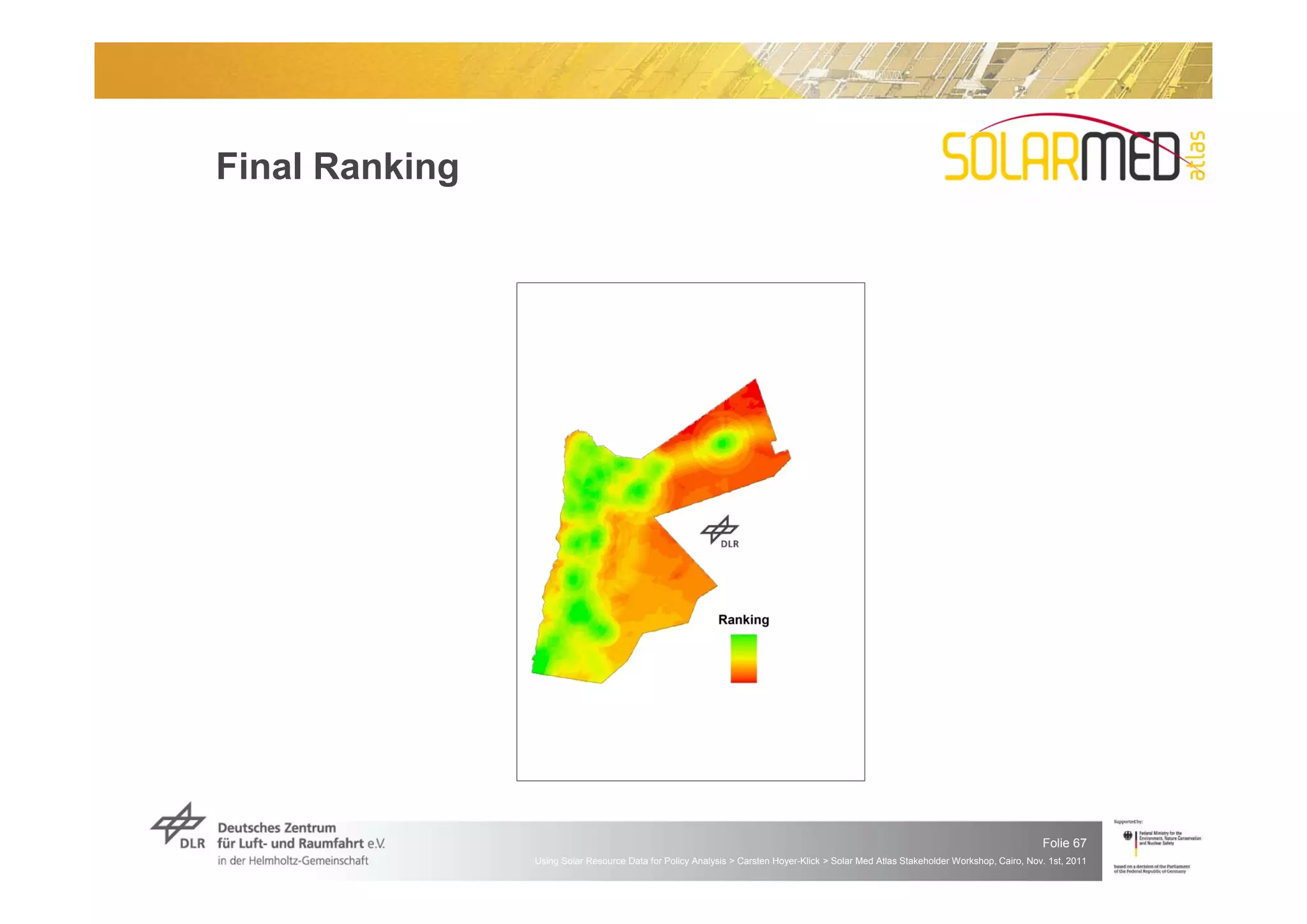 Final Ranking




                                                                                                                                      Folie 67
                Using Solar Resource Data for Policy Analysis > Carsten Hoyer-Klick > Solar Med Atlas Stakeholder Workshop, Cairo, Nov. 1st, 2011
 