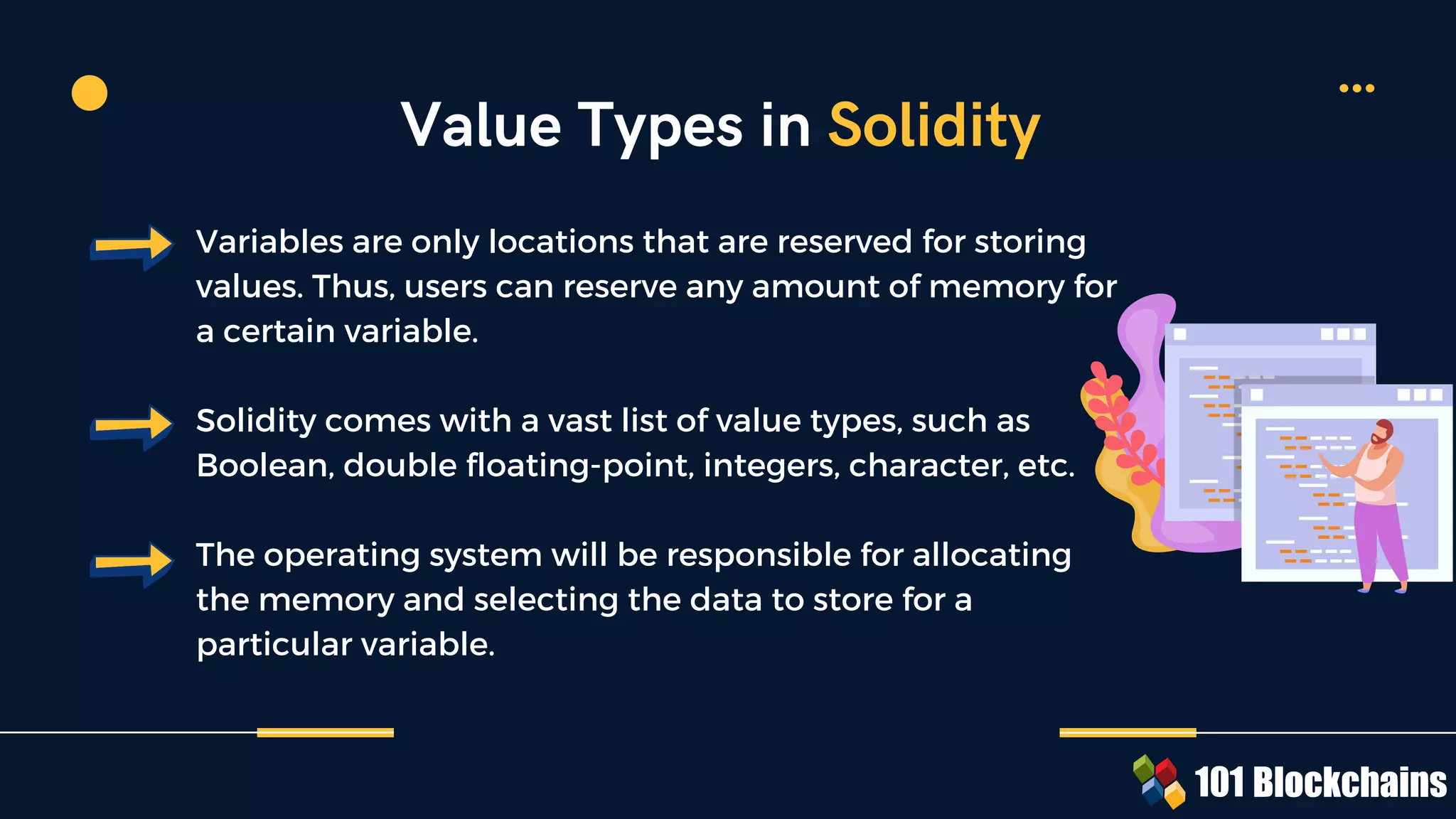 Variables are only locations that are reserved for storing
values. Thus, users can reserve any amount of memory for
a certain variable.
Solidity comes with a vast list of value types, such as
Boolean, double floating-point, integers, character, etc.
The operating system will be responsible for allocating
the memory and selecting the data to store for a
particular variable.
Value Types in Solidity
 