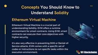 Concepts You Should Know to
Understand Solidity
Ethereum Virtual Machine is a crucial part of
understanding Solidity. EVM offers a runtime
environment for smart contracts. Using EVM, smart
contracts can execute their core objectives with
higher security.
It’s also very effective in preventing DOS or Denial-of-
Service attacks. EVM comes with a specific set of
codes or instructions to run specific tasks within the
execution environment.
Ethereum Virtual Machine
{ }
Js
( )
</>
 